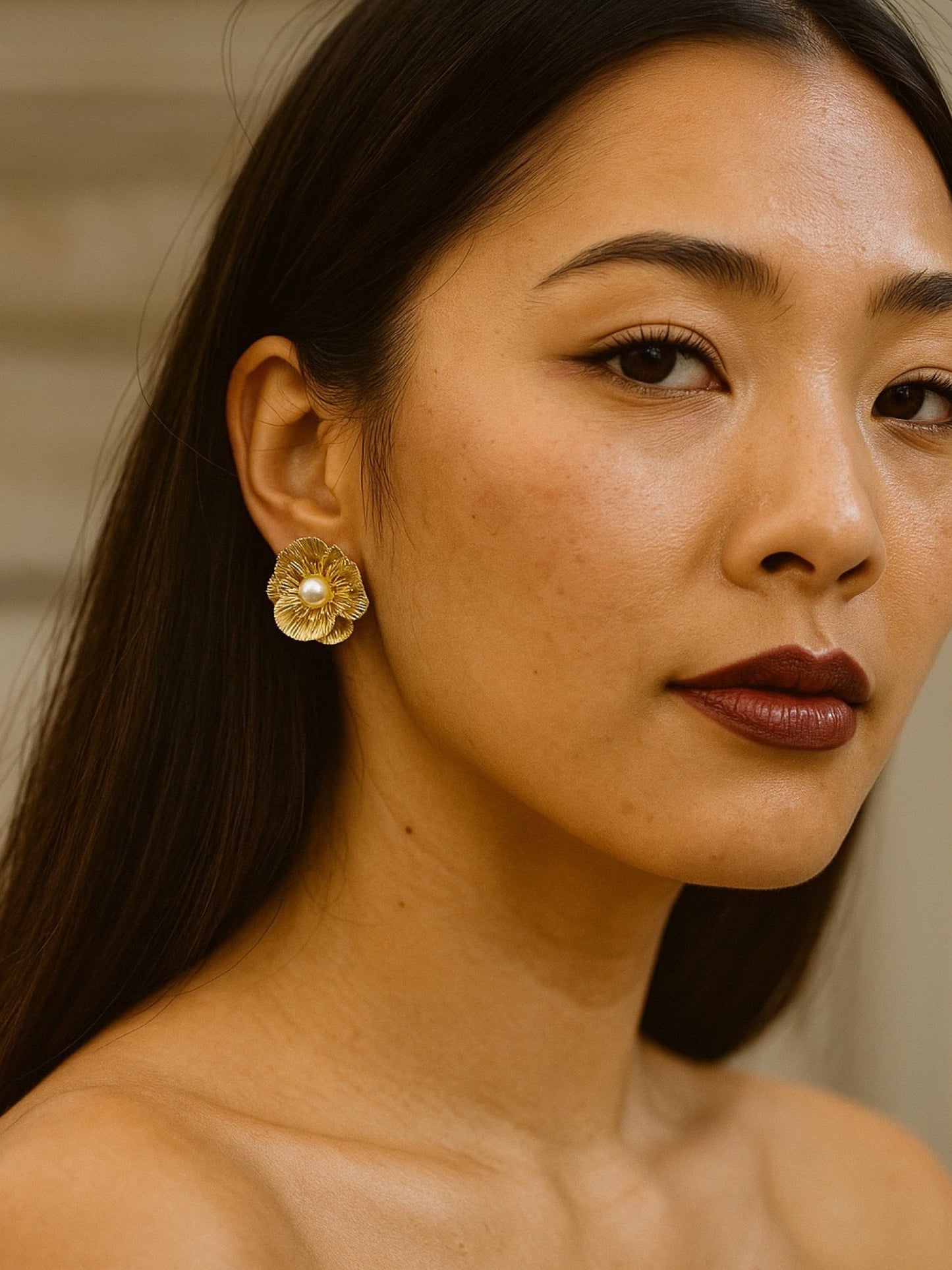 Flower With Pearl Design Western Earrings