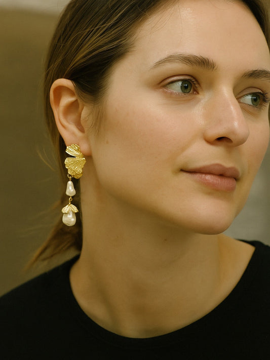 Long Flower Leaf Pearl Design Western Earrings