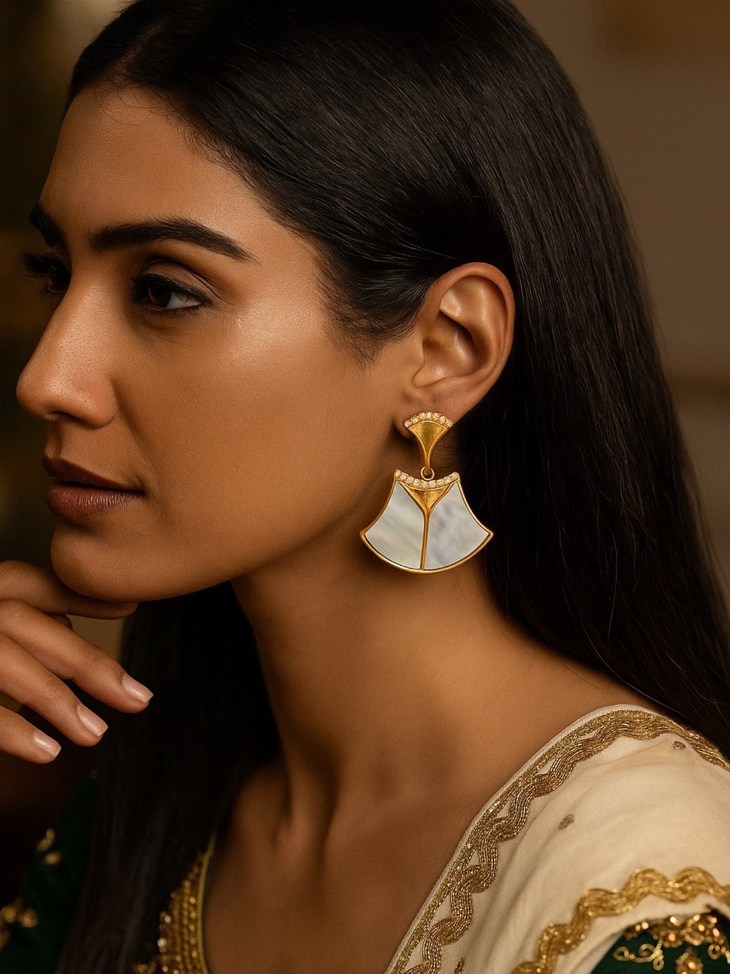 Fresh Water Pearl Geometric Shape AD Earrings