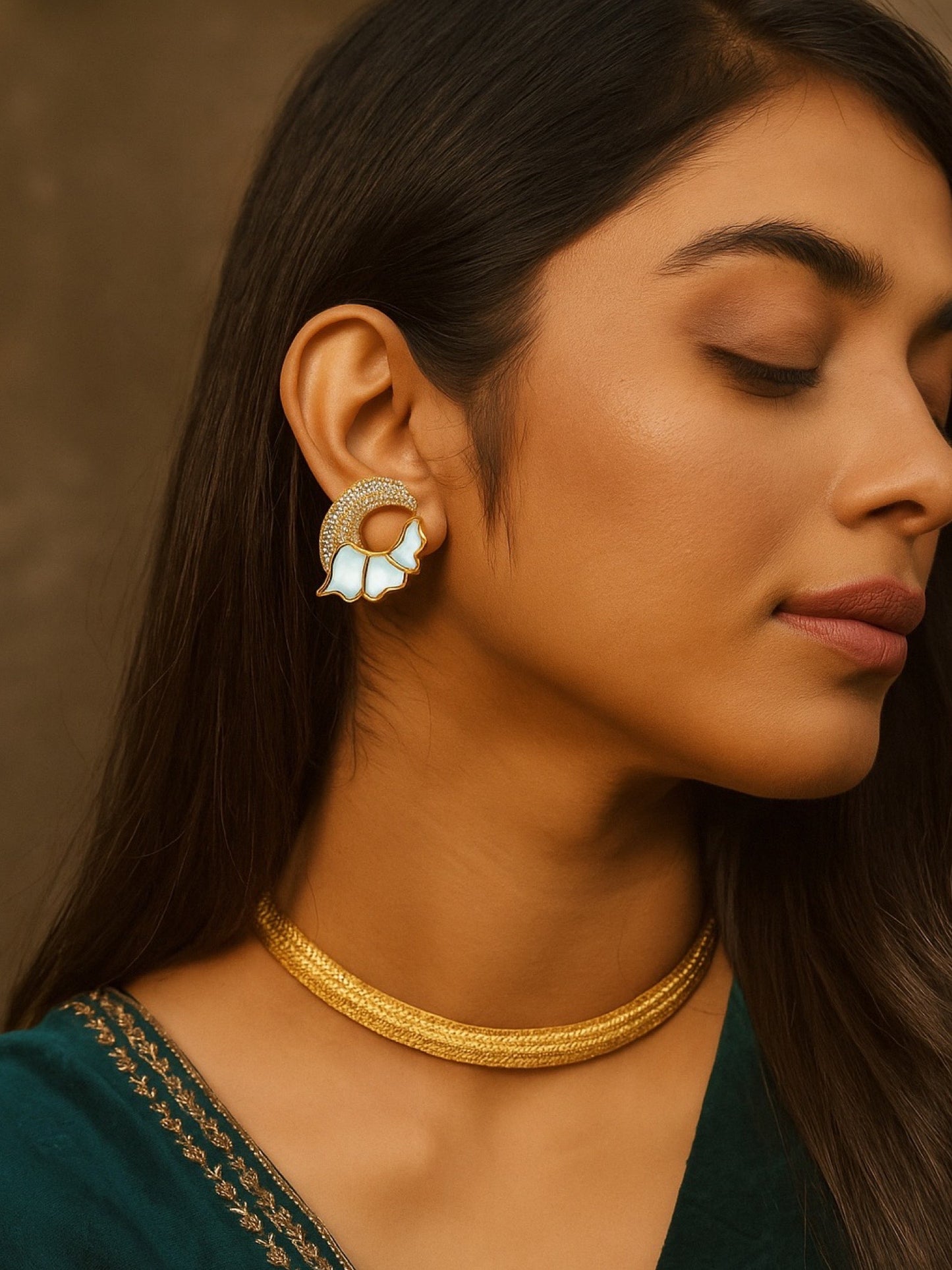 Fresh Water Pearl Swan Feather Design AD Earrings