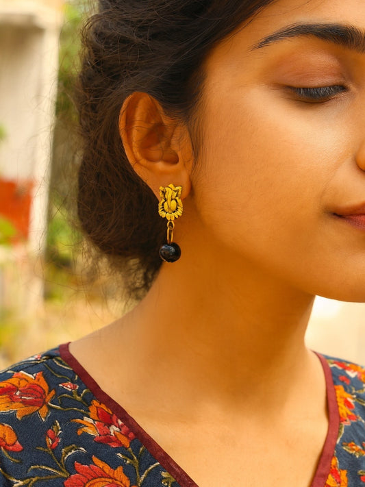 Stud Drop Earrings Ganesha With Black Stone Design