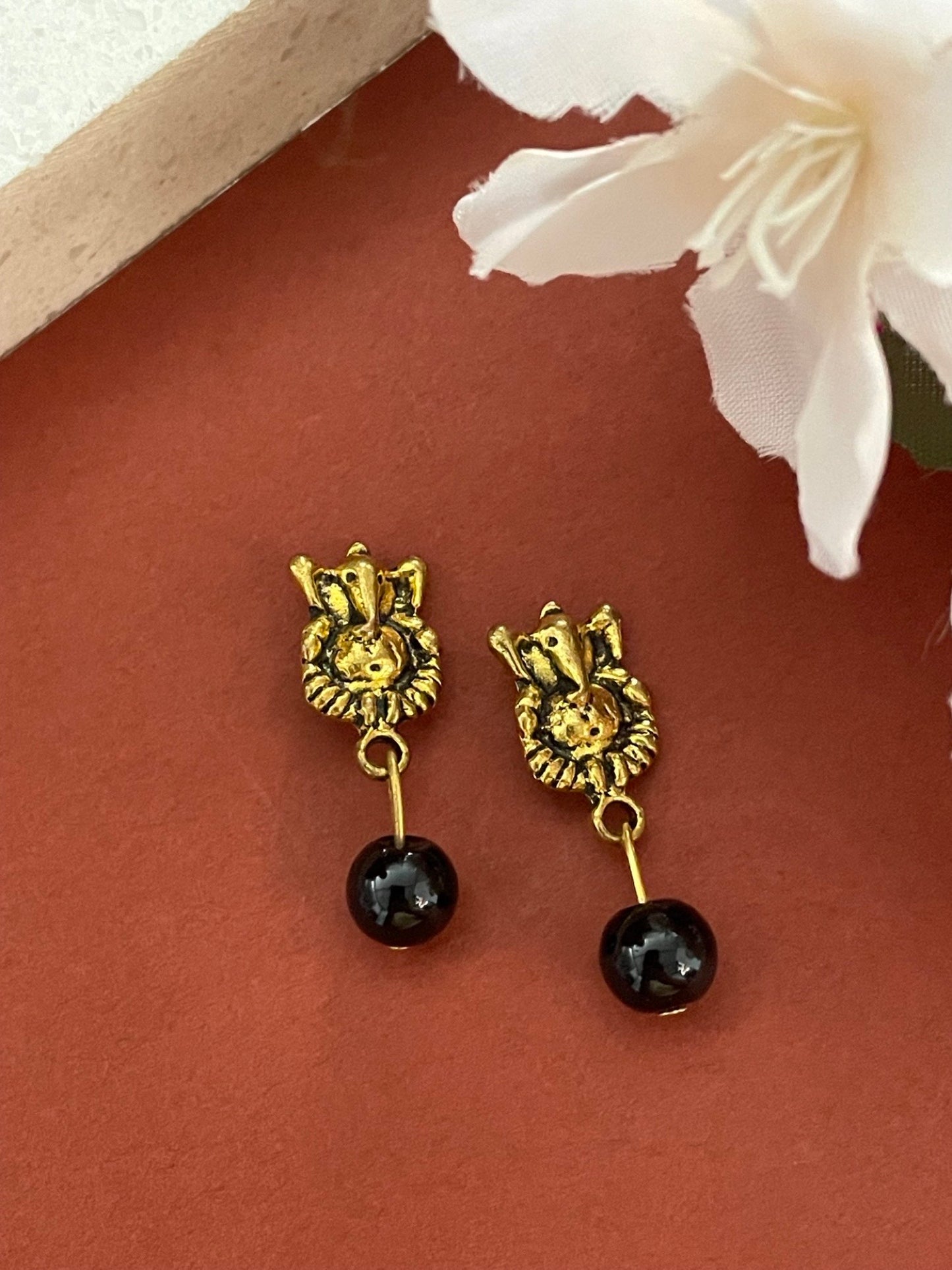 Stud Drop Earrings Ganesha With Black Stone Design