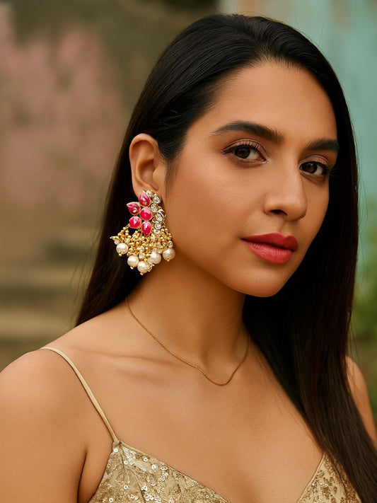 Stud Earrings Pink Flower With Pearl Design