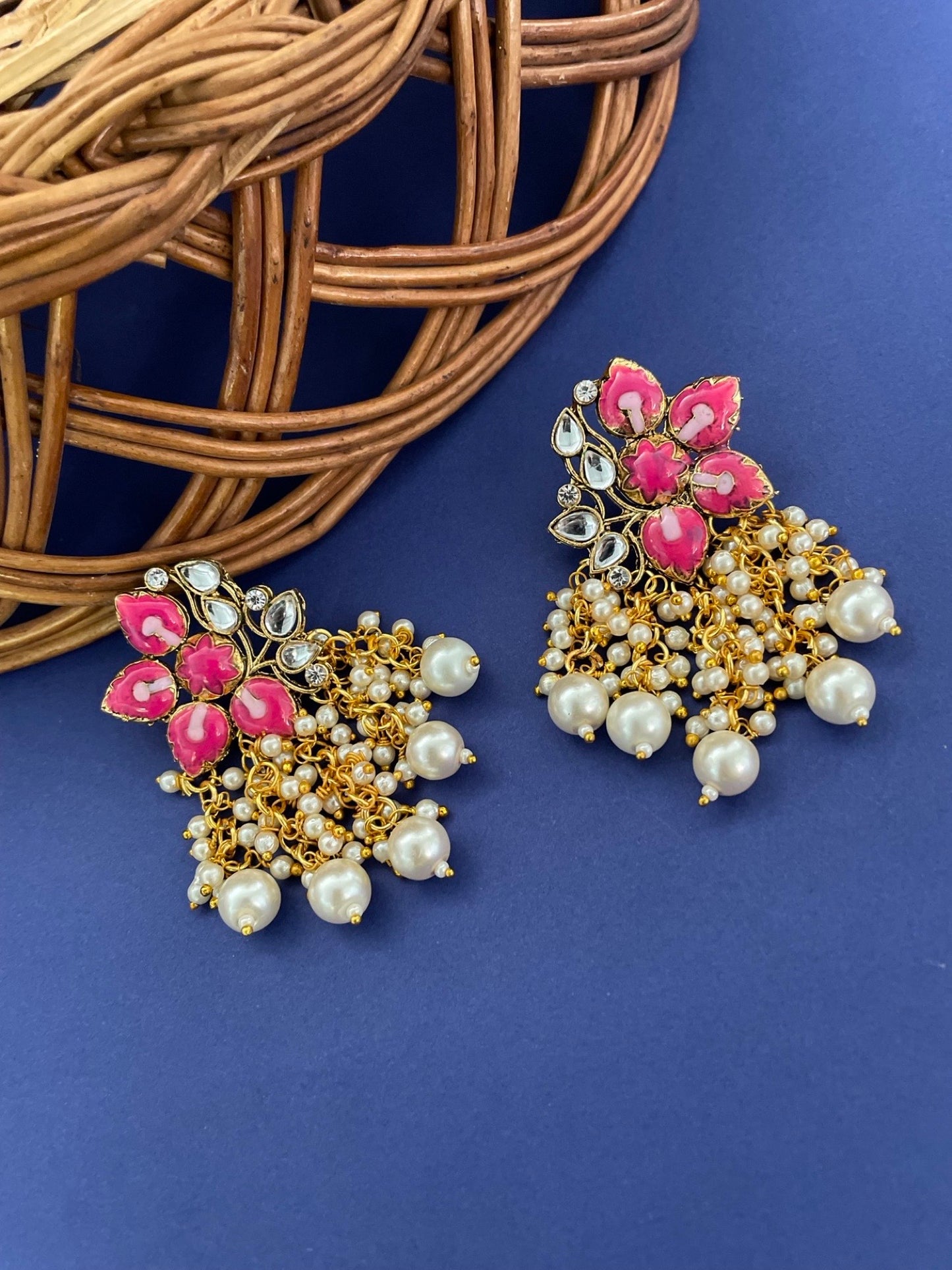 Stud Earrings Pink Flower With Pearl Design