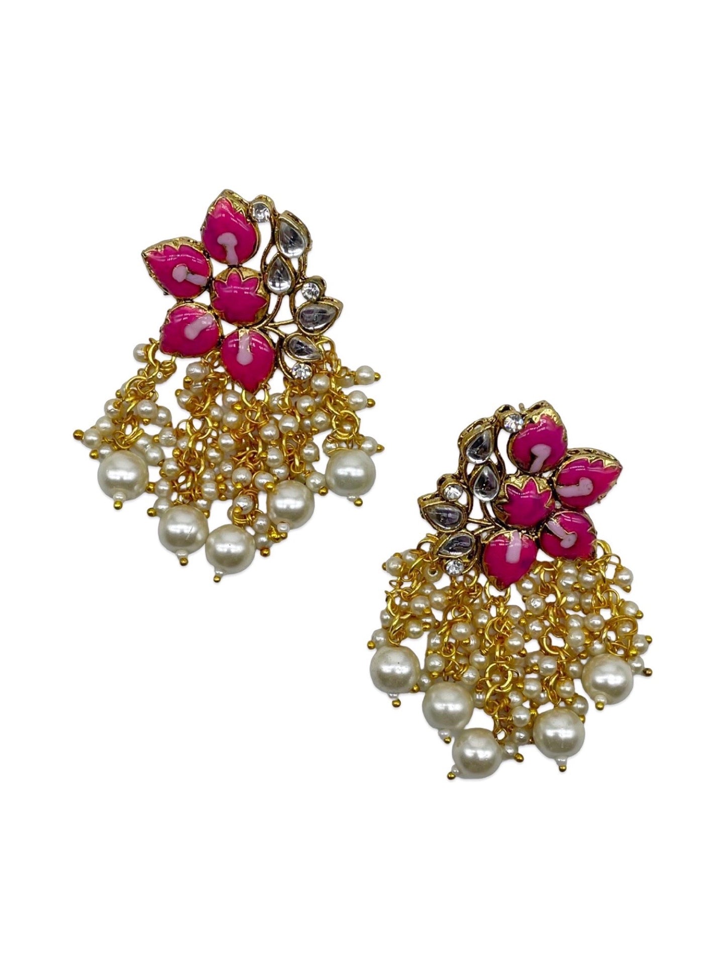 Stud Earrings Pink Flower With Pearl Design