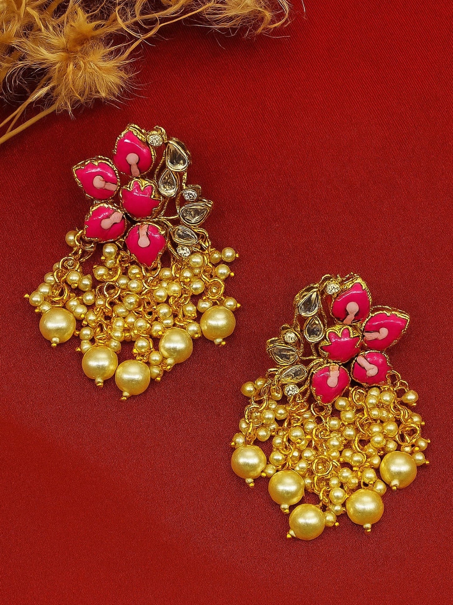Stud Earrings Pink Flower With Pearl Design