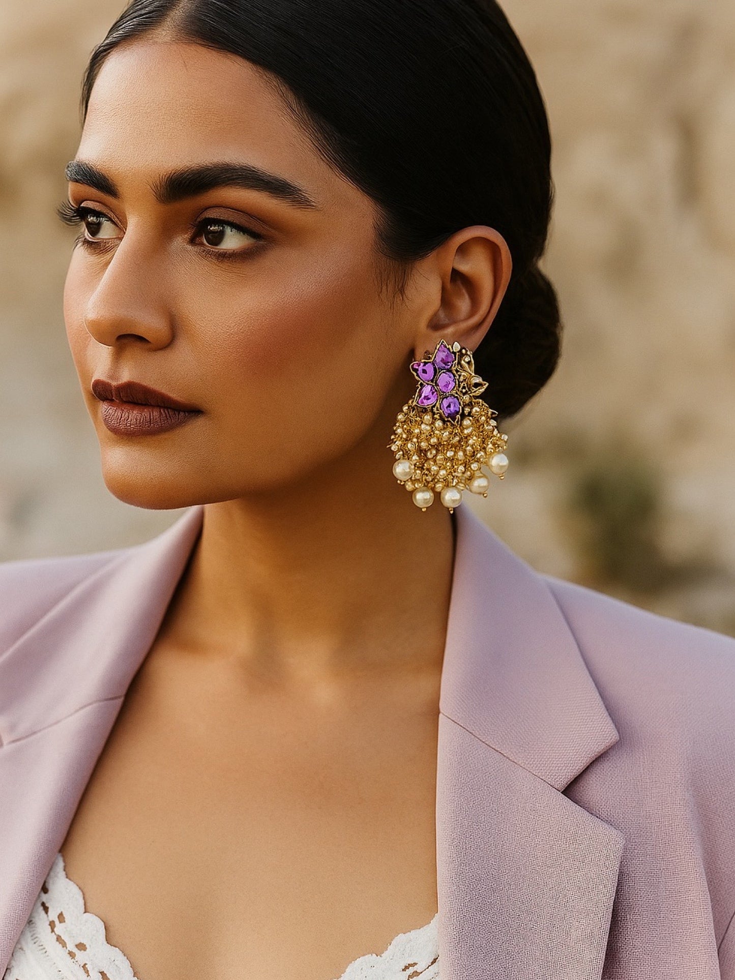 Stud Earrings Purple Flower With Pearl Design