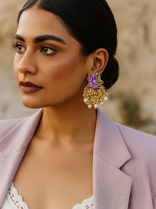 Stud Earrings Purple Flower With Pearl Design