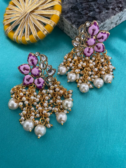 Stud Earrings Purple Flower With Pearl Design