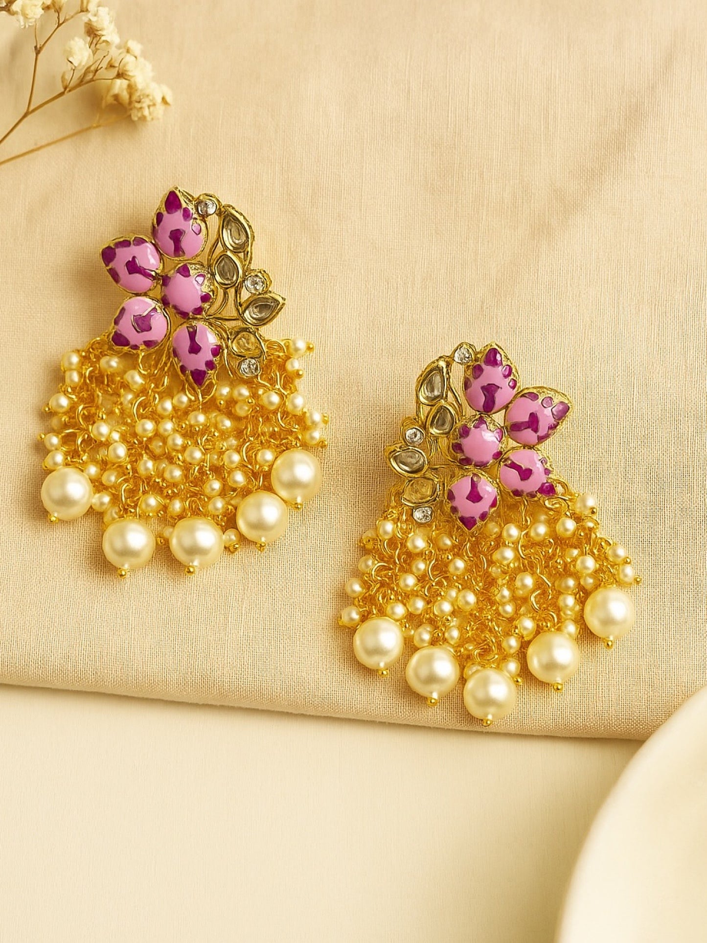 Stud Earrings Purple Flower With Pearl Design