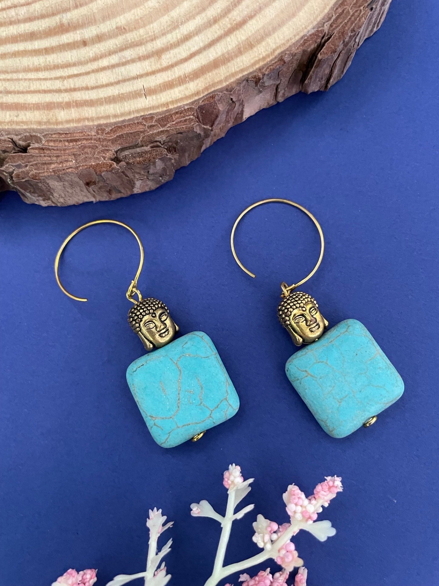Dangler Earrings Buddha With Blue Turquoise Stone Design