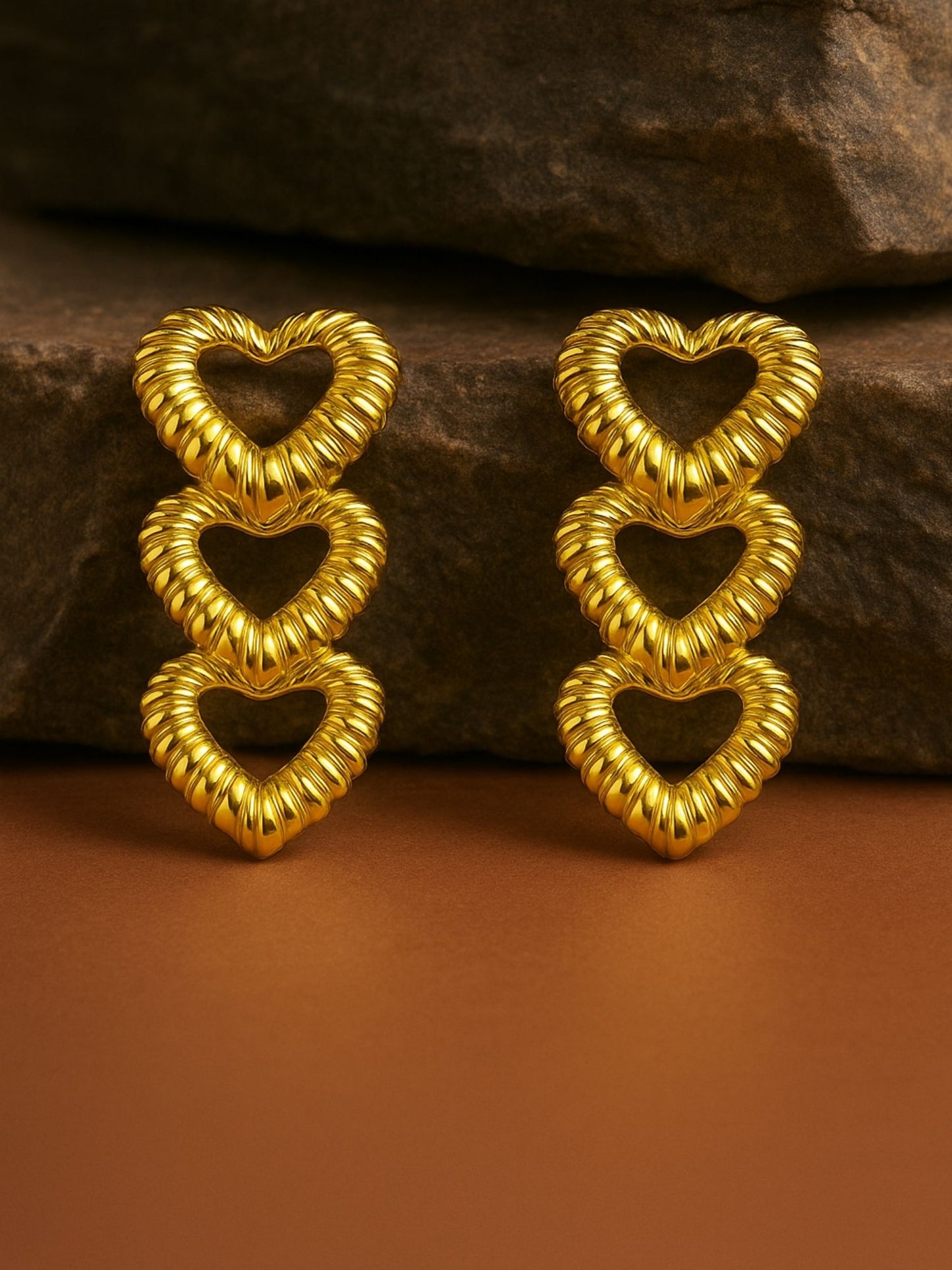 Triple Heart Gold Western Statement Earrings Women