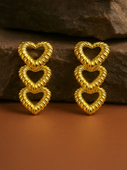 Triple Heart Gold Western Statement Earrings Women