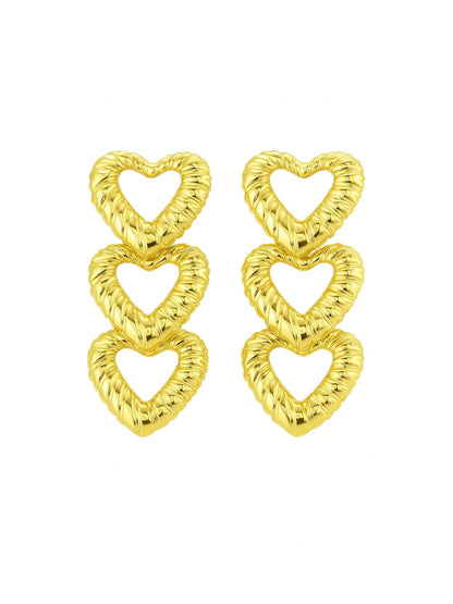Triple Heart Gold Western Statement Earrings Women