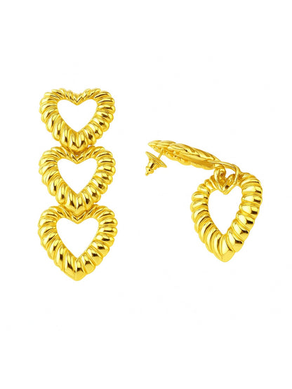 Triple Heart Gold Western Statement Earrings Women