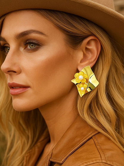 Gold Plated Abstract Pearl Stud Earrings for Women