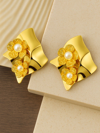 Gold Plated Abstract Pearl Stud Earrings for Women