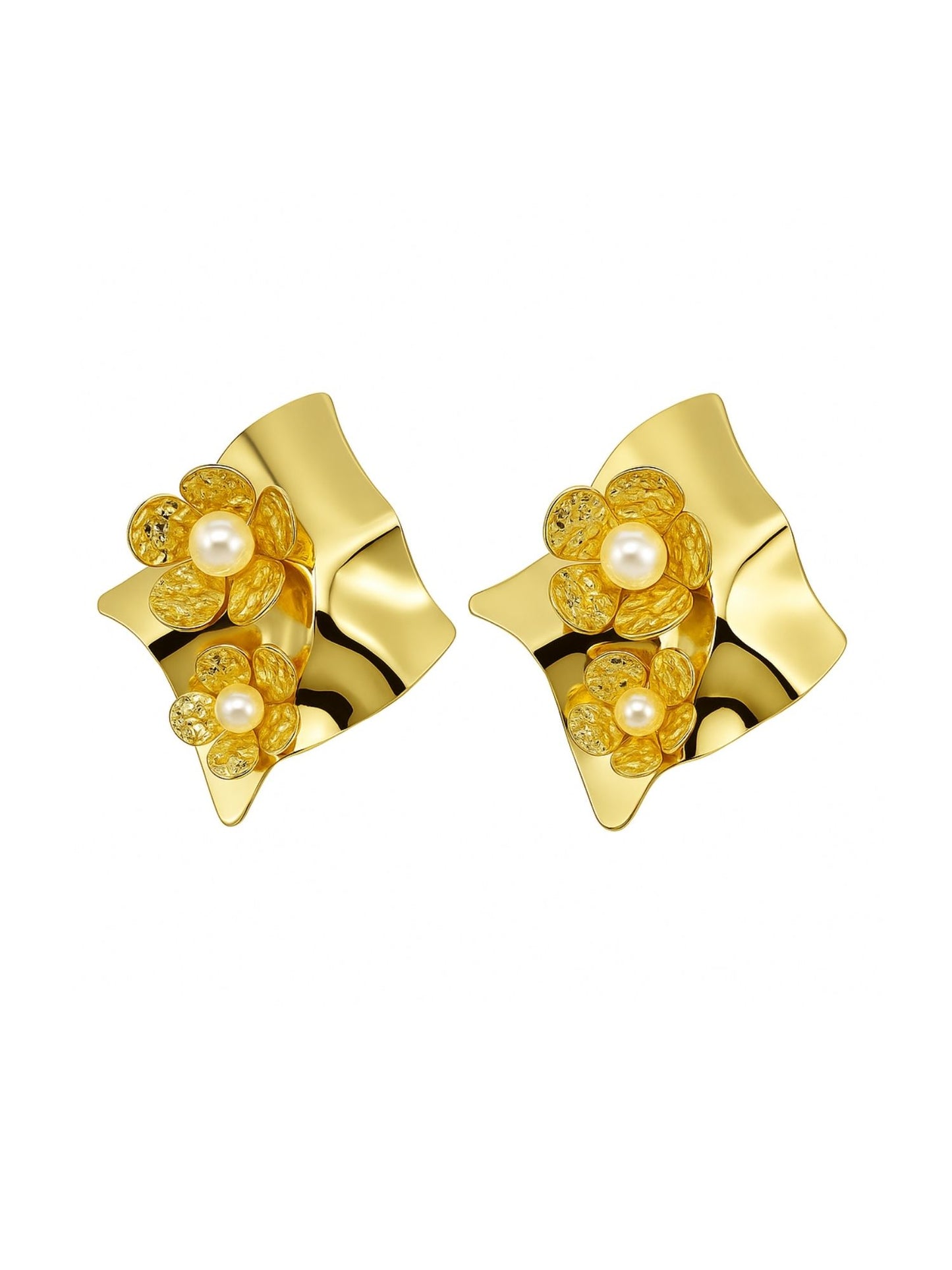 Gold Plated Abstract Pearl Stud Earrings for Women