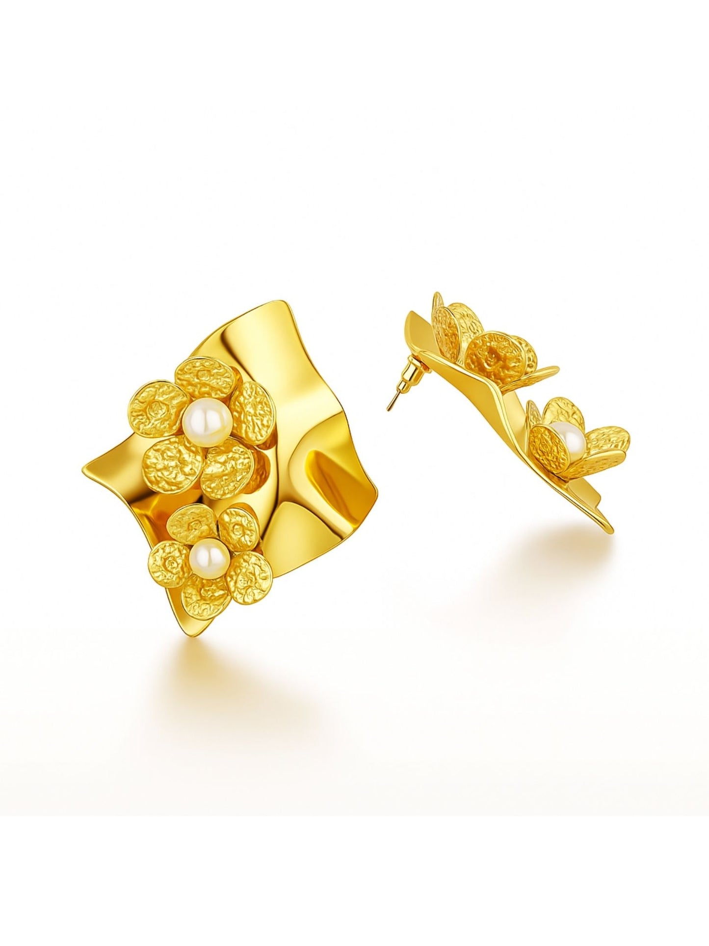 Gold Plated Abstract Pearl Stud Earrings for Women