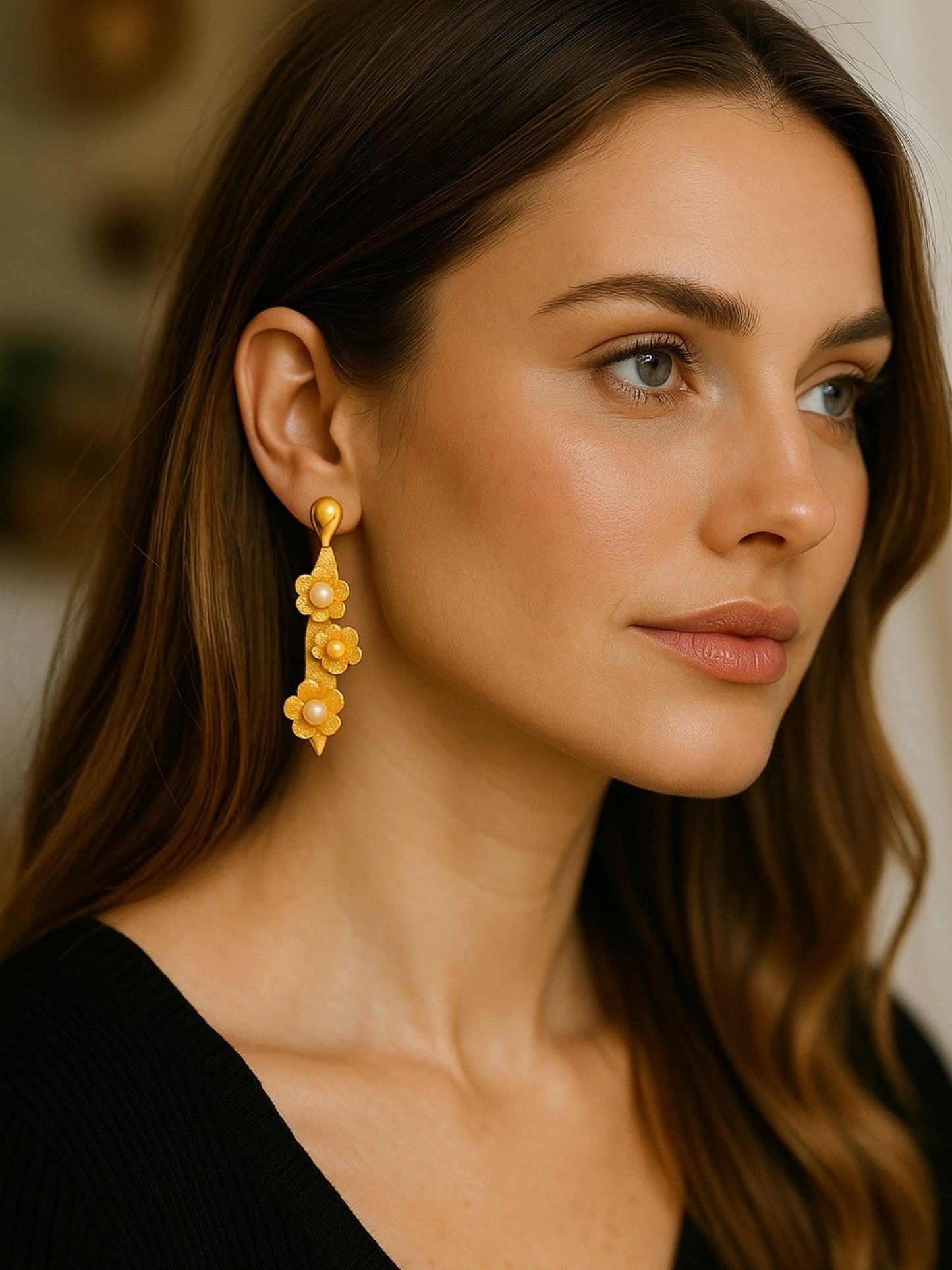 Gold Plated Floral Pearl Long Earrings for Women