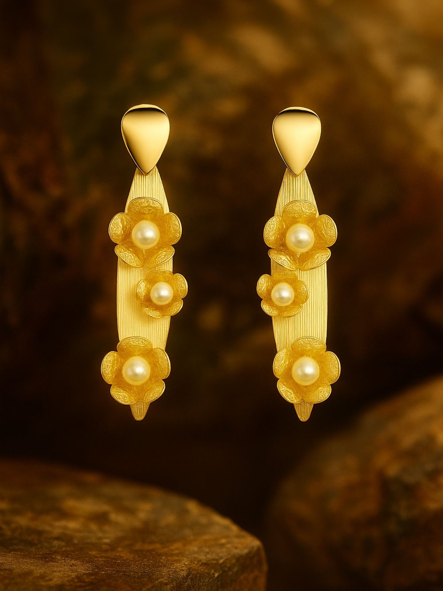 Gold Plated Floral Pearl Long Earrings for Women