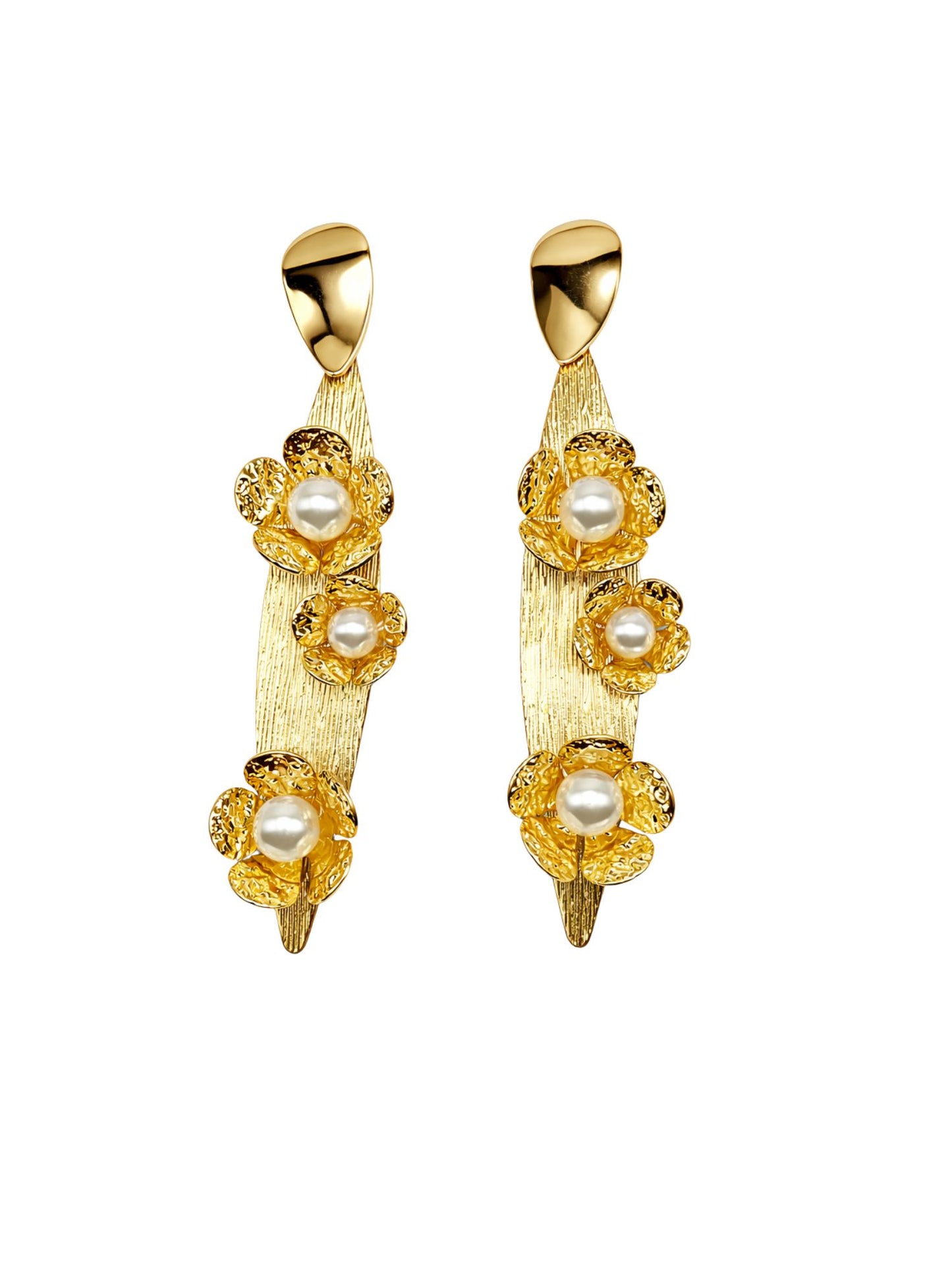 Gold Plated Floral Pearl Long Earrings for Women