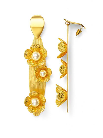 Gold Plated Floral Pearl Long Earrings for Women