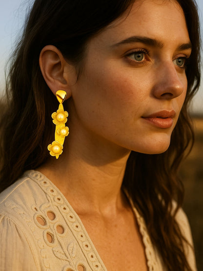 Gold Plated Floral Pearl Long Earrings for Women