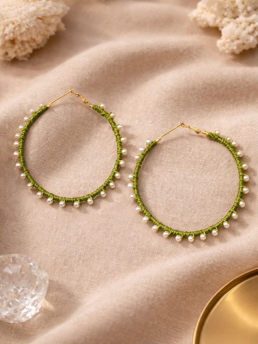 Green Thread Pearl Hoop Earrings for Women