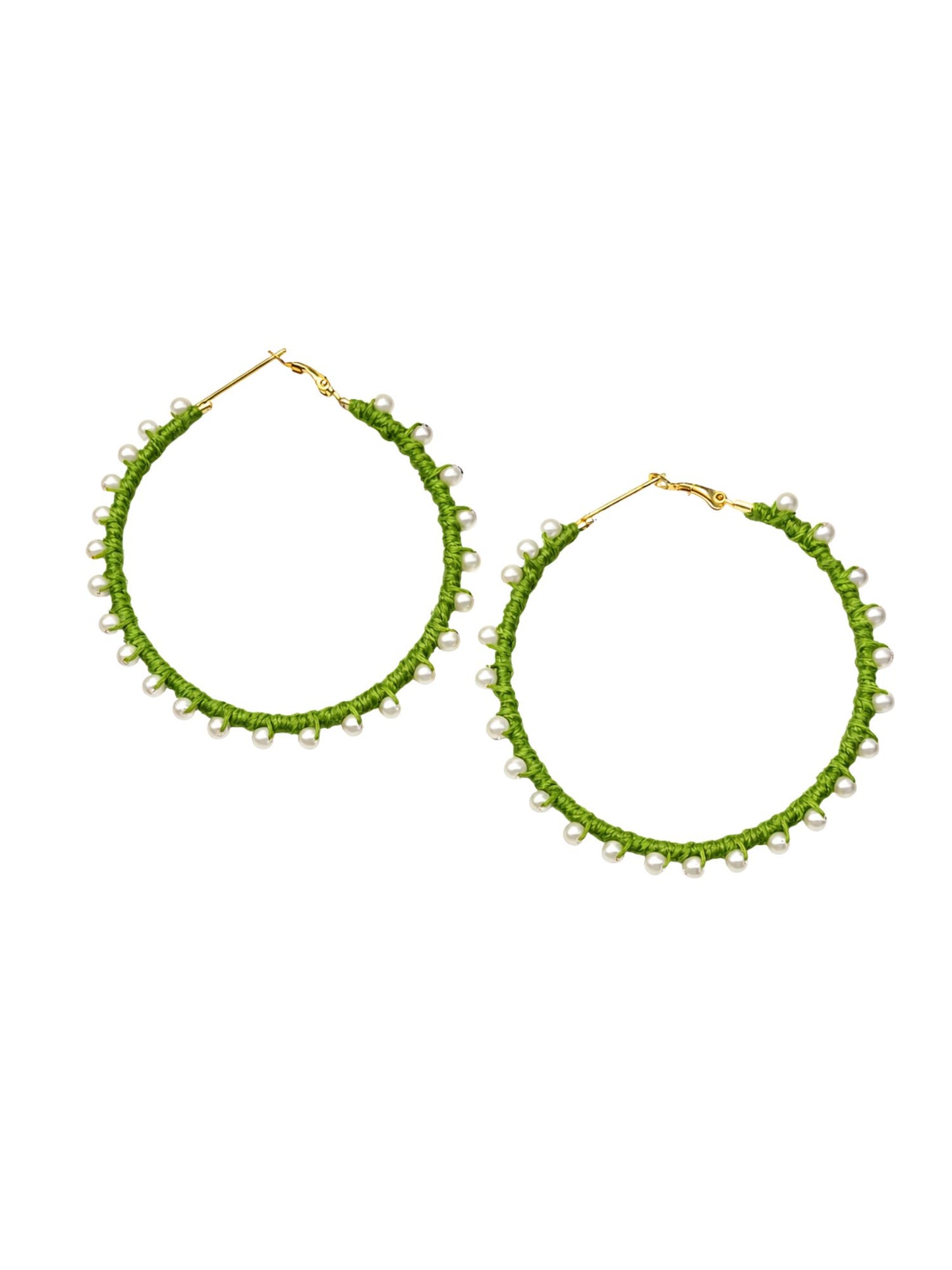 Green Thread Pearl Hoop Earrings for Women
