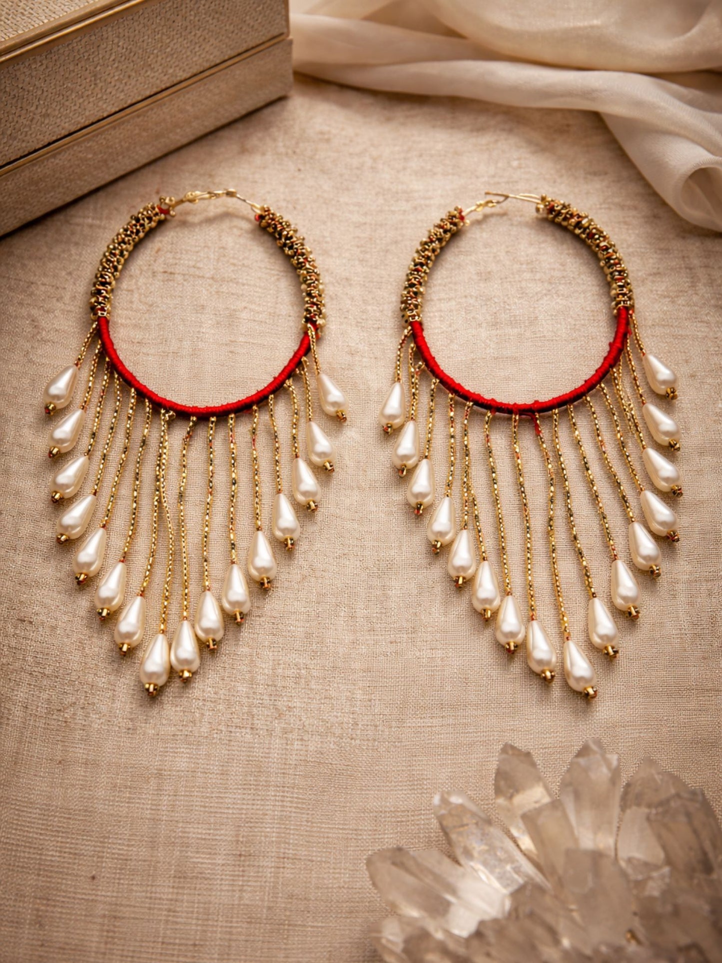 Red Thread Pearl Hoop Drop Gold Plated Earrings