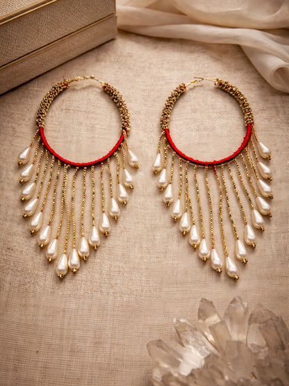 Red Thread Pearl Hoop Drop Gold Plated Earrings