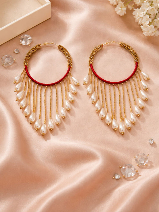 Red Thread Pearl Hoop Drop Gold Plated Earrings
