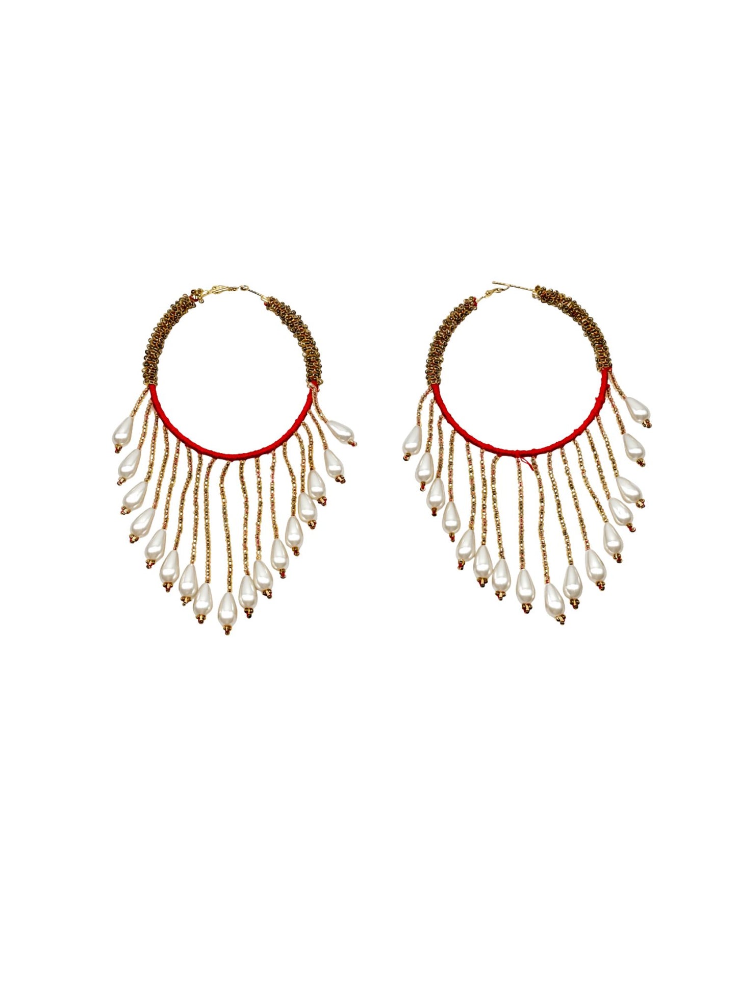 Red Thread Pearl Hoop Drop Gold Plated Earrings