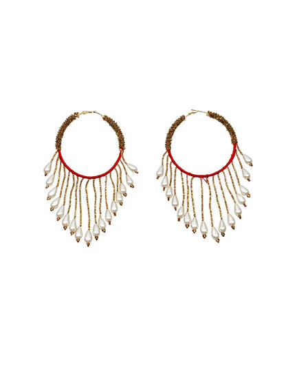 Red Thread Pearl Hoop Drop Gold Plated Earrings