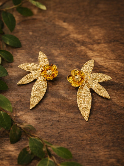 Gold Plated Floral Leaf Statement Earrings Women