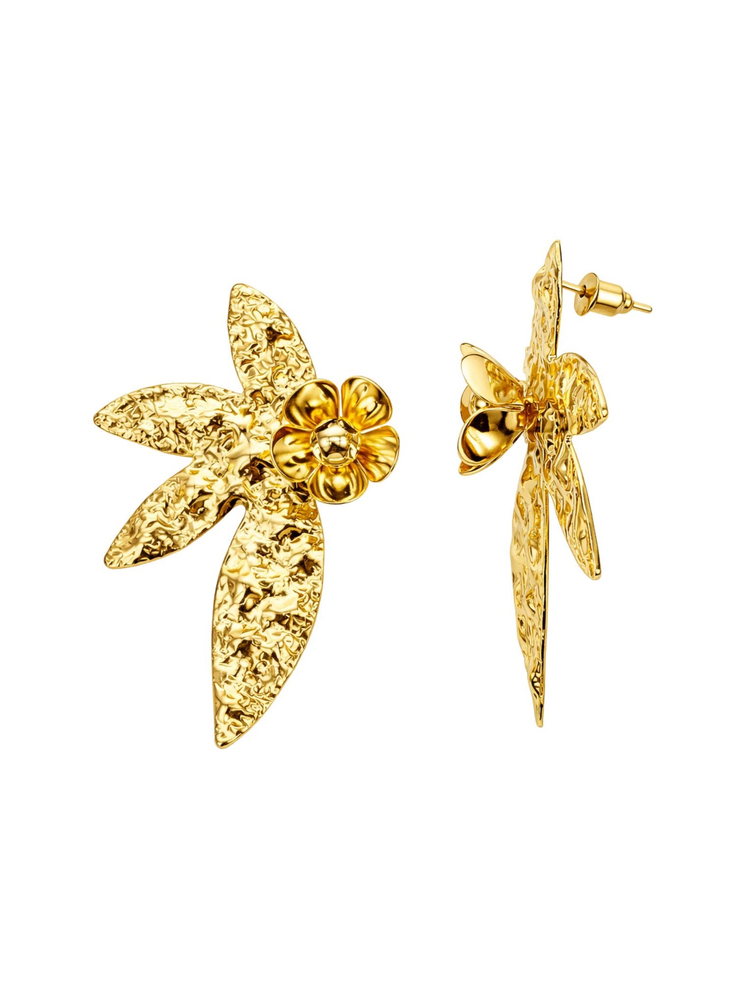 Gold Plated Floral Leaf Statement Earrings Women