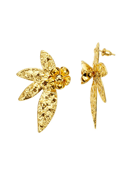 Gold Plated Floral Leaf Statement Earrings Women