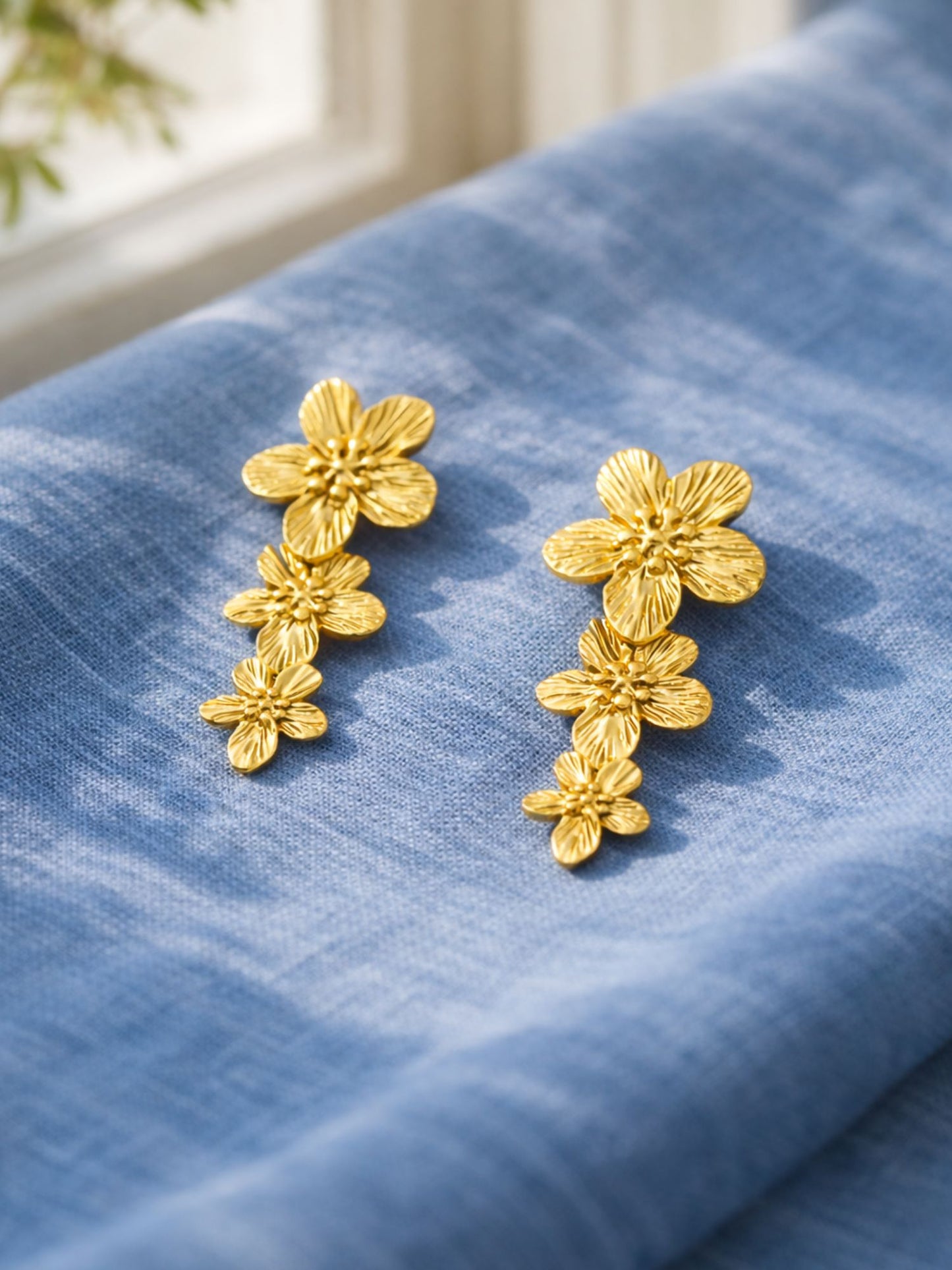 Gold Plated Floral Drop Earrings for Women Statement
