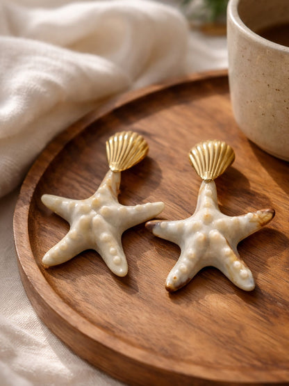 Gold Plated Shell Starfish Western Drop Earrings