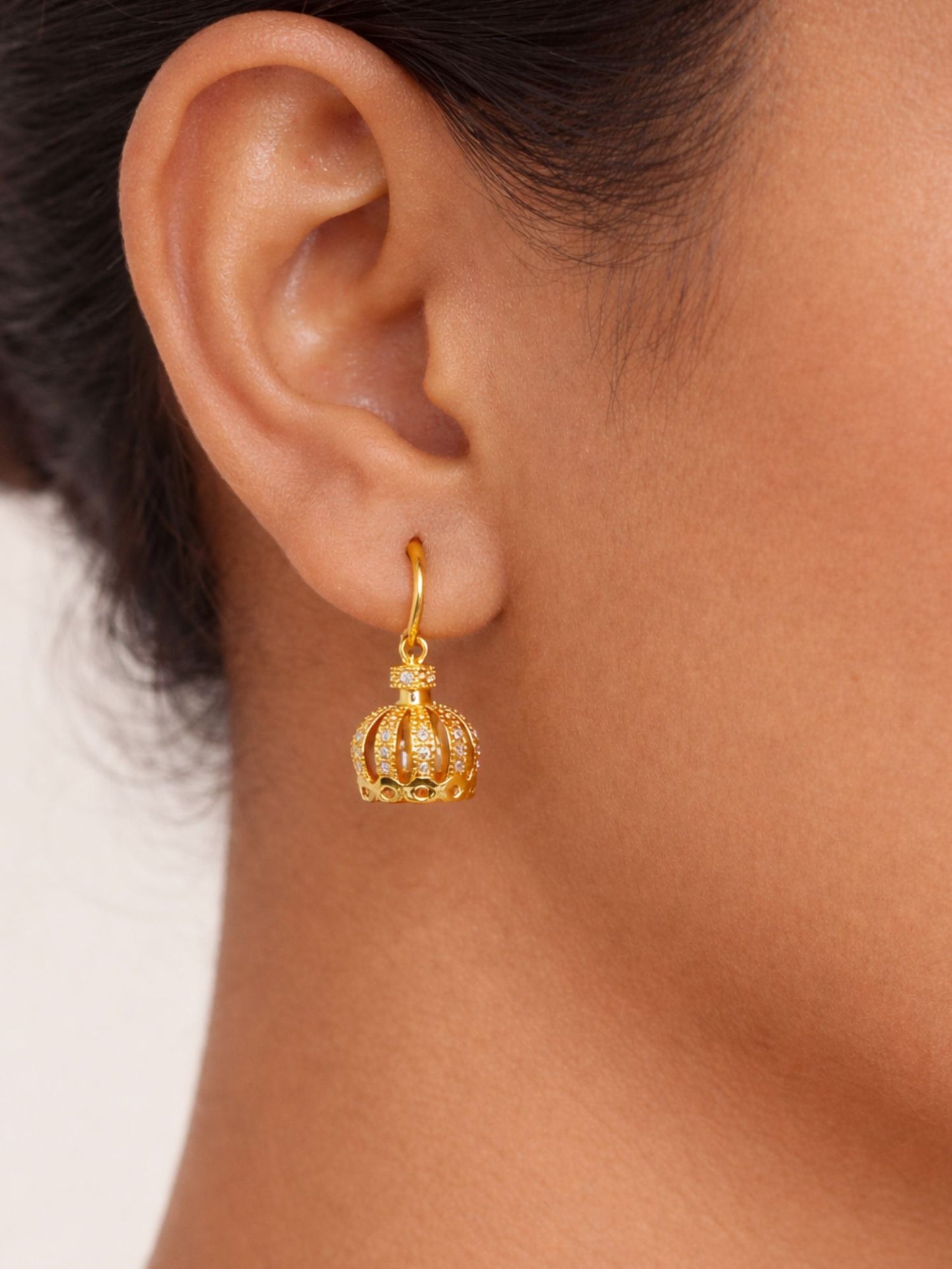 Gold Plated Crown Drop Earrings with Crystal Stone