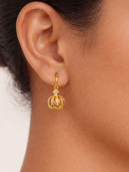 Gold Plated Crown Drop Earrings with Crystal Stone