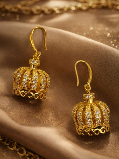 Gold Plated Crown Drop Earrings with Crystal Stone