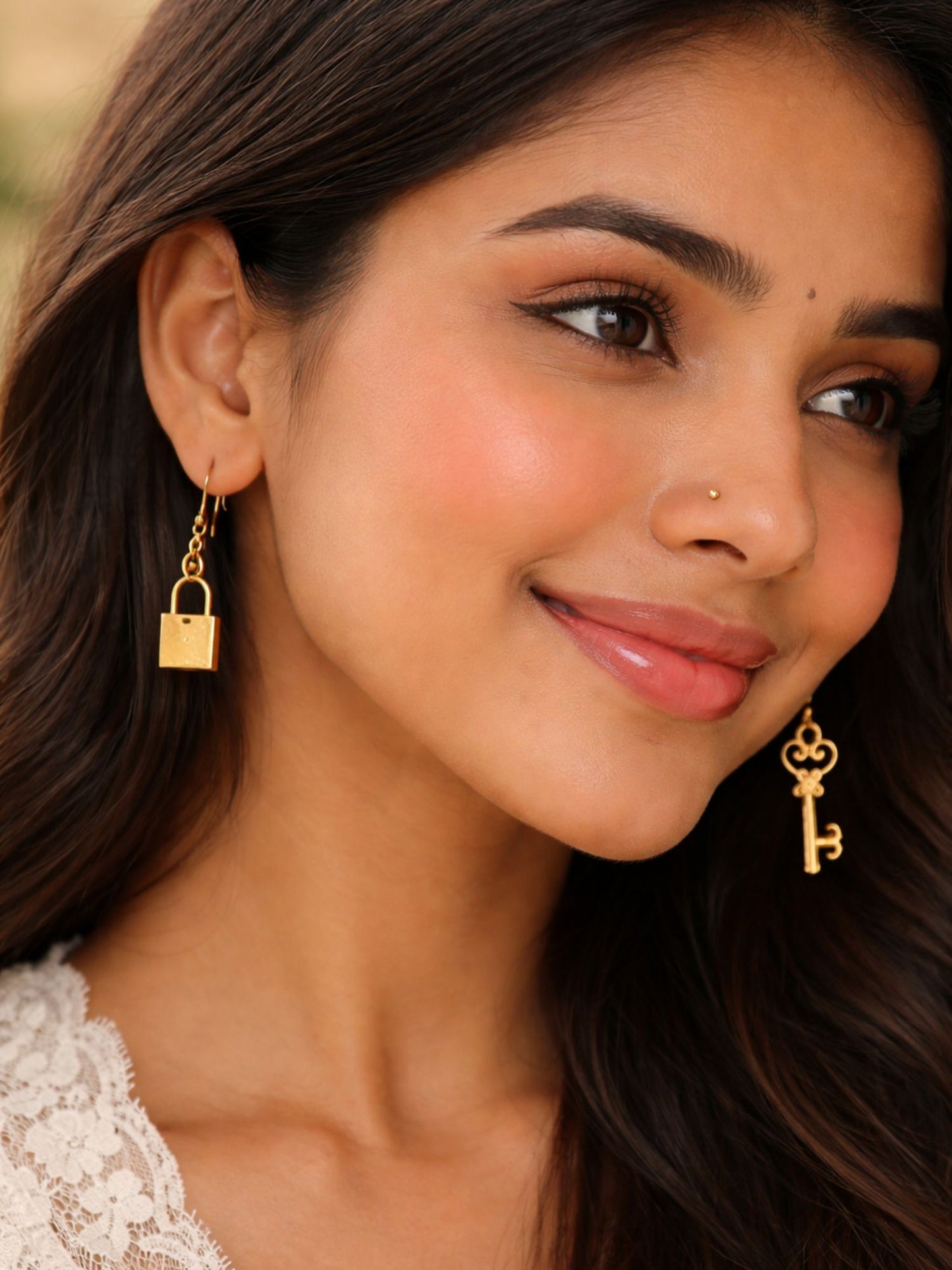 Gold Plated Lock & Key Mini Earrings for Women Girls