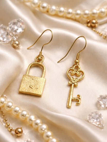 Gold Plated Lock & Key Mini Earrings for Women Girls