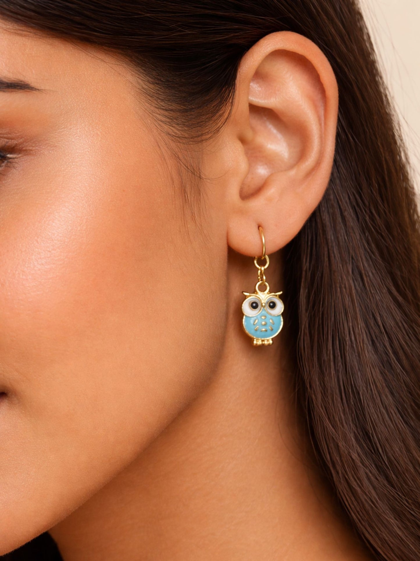 Gold Plated Owl Mini Earrings Cute Blue Drop Pair