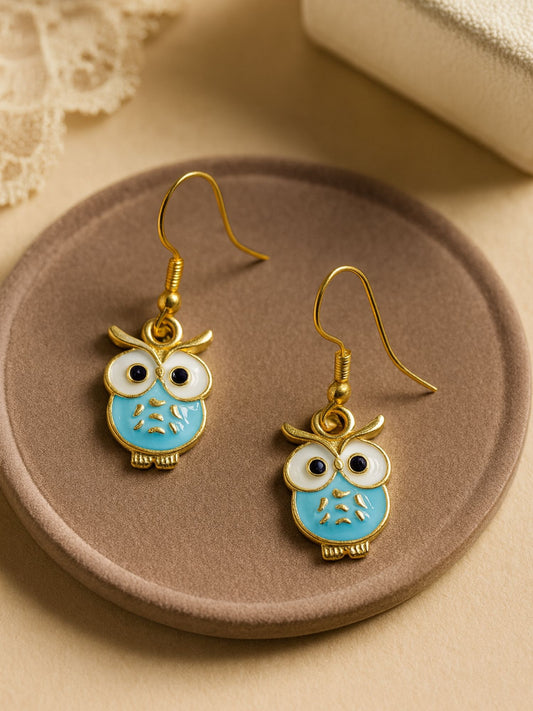 Gold Plated Owl Mini Earrings Cute Blue Drop Pair