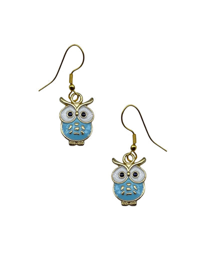 Gold Plated Owl Mini Earrings Cute Blue Drop Pair