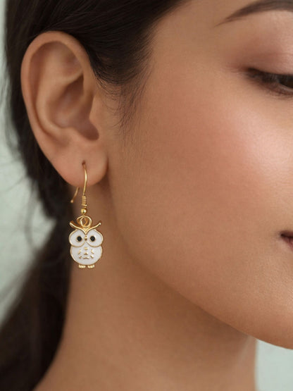 Gold Plated Mini Owl Earrings White Enamel Dangles