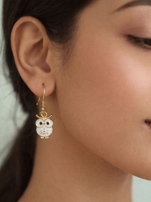 Gold Plated Mini Owl Earrings White Enamel Dangles